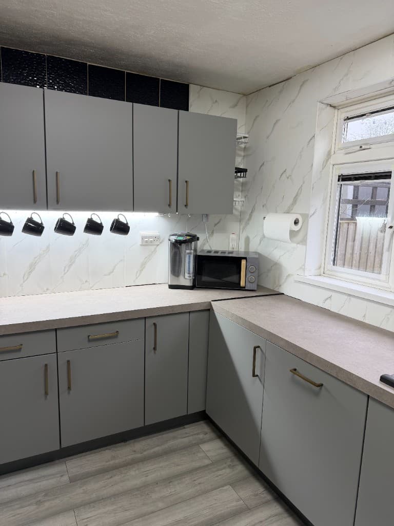 Grey kitchen wrap Rotherham completed project, full kitchen view