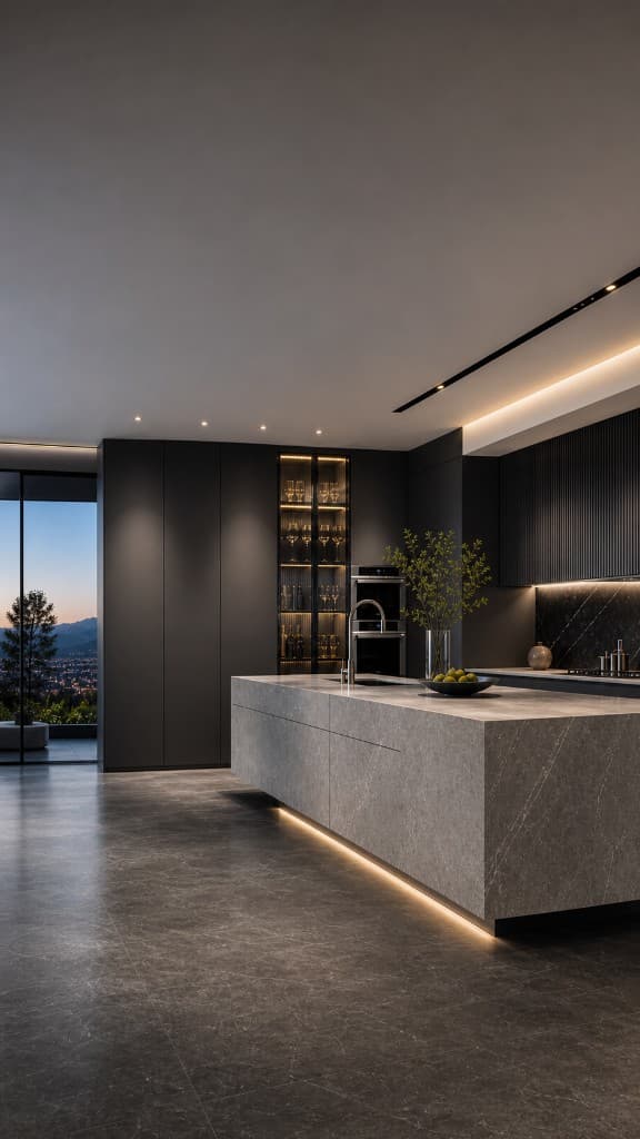 Modern dark kitchen with light stone island — mobile view