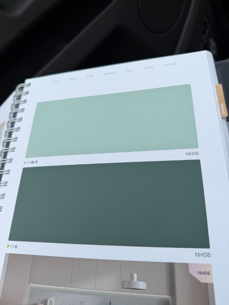 Green tone architectural vinyl finish samples for kitchen refresh projects