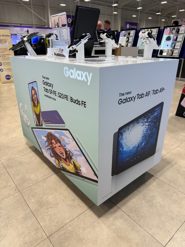 Branded tech fixture wrap suitable for Nottingham and wider M1 corridor retail.