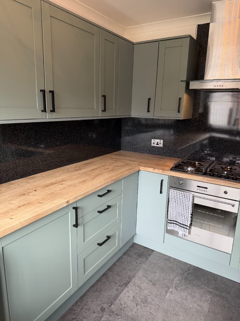 Butcher block style kitchen worktop wrap in Barnsley, completed corner layout