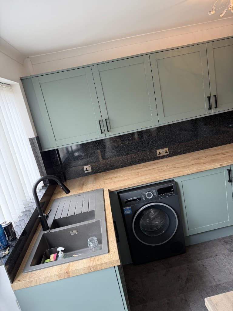Butcher block style worktop wrapping in Barnsley, sink run and cabinet finish